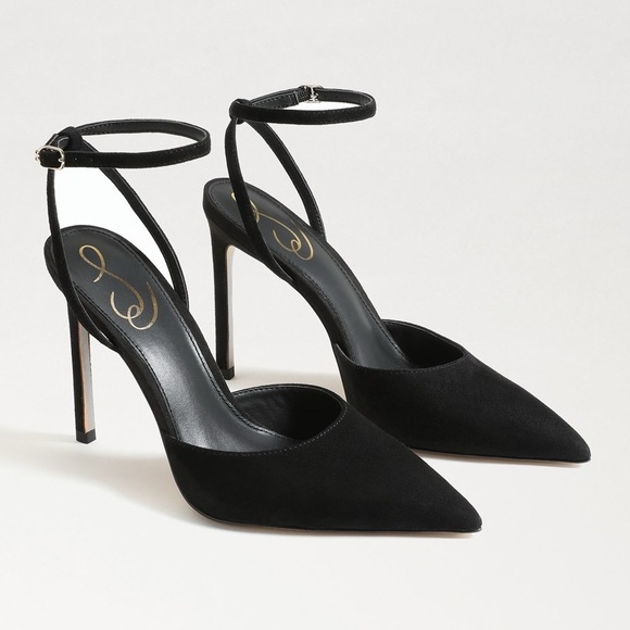 Sam Edelman Shoes - SAM EDELMAN Avril Slingback Pump Black Suede Pointy Toe Ankle Strap Heels
